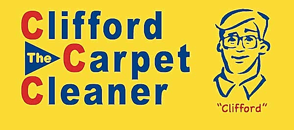 logo for "clifford the carpet cleaner" with large blue and red text on yellow background, and a simple illustration of a man labeled "clifford" on the right.