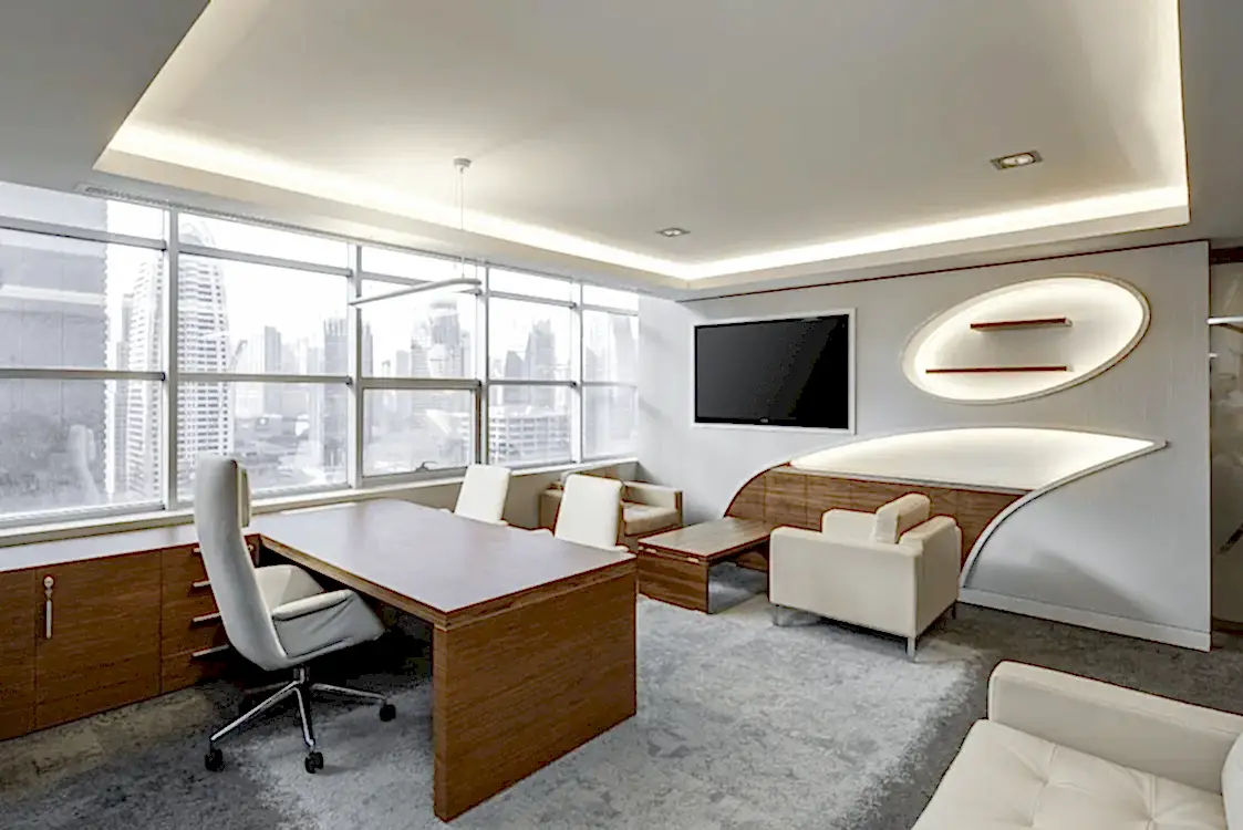 An office with gray carpets
